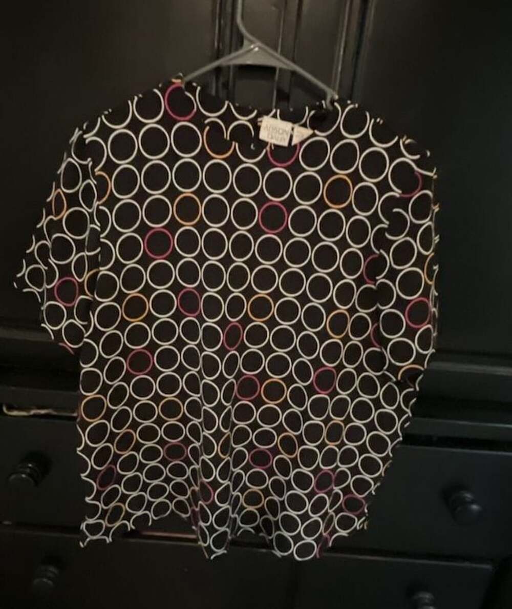 Allison Daley Top Size L Black Geometric Circle Print Short Sleeve